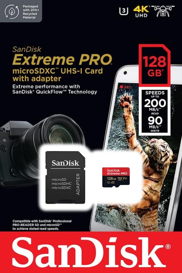 SanDisk 128GB Extreme PRO microSD Card with Adapter SDSQXCD-128G-GN6MA