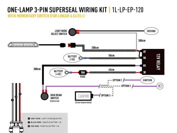 Lazer One-Lamp 3-Pin Superseal Wiring Kit (12V), with Momentary Switch (for Linear-6 Elite+) 1L-LP-EP-120