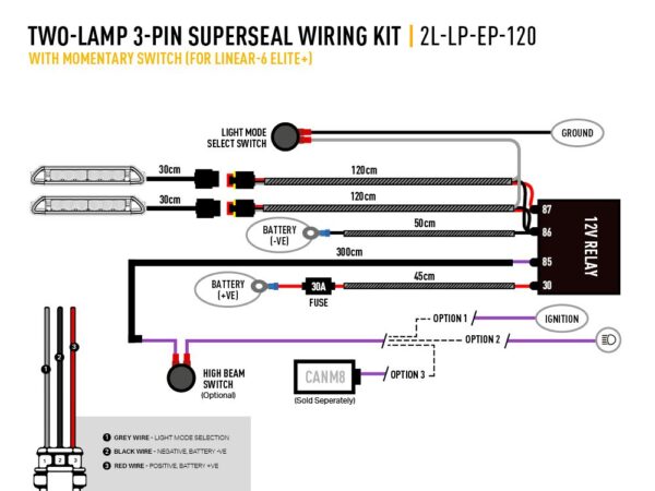 Lazer Two-Lamp 3-Pin Superseal Wiring Kit (12V), with Momentary Switch (for Linear-6 Elite+) 2L-LP-EP-120