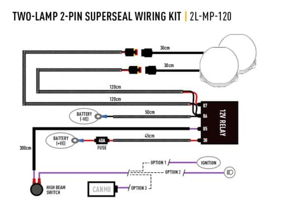 Lazer Two-Lamp 2-Pin Superseal Wiring Kit (12V) - Mid Power 2L-MP-120