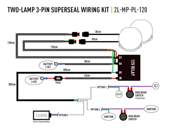 Lazer Two-Lamp 3-Pin Superseal Wiring Kit (12V) - Mid Power 2L-MP-PL-120