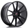Black multi-spoke alloy car wheel with a glossy finish and a central logo cap with red accent.