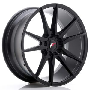 Black multi-spoke alloy car wheel with a glossy finish and a central logo cap with red accent.