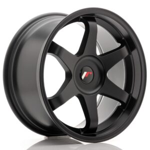 Five-spoke black alloy car wheel with a center cap logo
