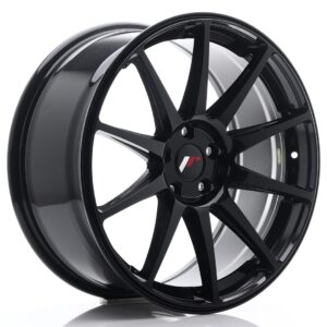 Black glossy multi-spoke alloy car wheel with a centered hub cap logo