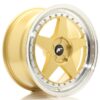 Gold alloy car wheel with a polished silver lip and exposed bolts around the rim (auto wheel).