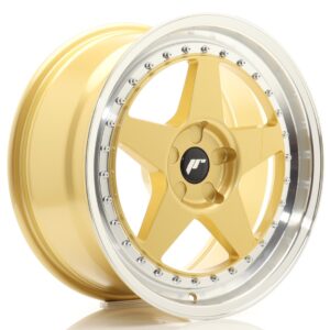 Gold alloy car wheel with a polished silver lip and exposed bolts around the rim (auto wheel).