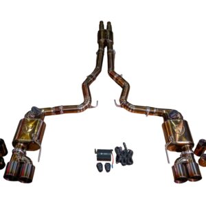Symmetrical dual exhaust pipes forming a V shape with clamps and dual tips, center area shows small electrical components and wiring.