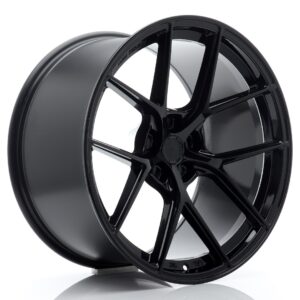 Glossy black alloy car wheel with a multi-spoke design, shown at an angle against a white background