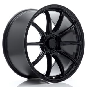 Black glossy alloy wheel with multiple curved spokes and a central hub cap on a white background/space between spokes visible for a sleek, performance look