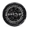 Black circular car wheel center cap with a textured black center, white ring text reading 'HYBRID FORGED SERIES' and 'DESIGNED TO IMPRESS', and the brand name 'CONCAVER' across the middle.