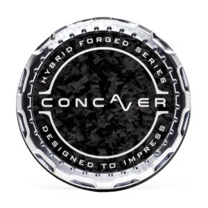 Circular chrome center cap with black textured center, featuring 'CONCAVER' lettering and 'HYBRID FORGED SERIES' around the edge.