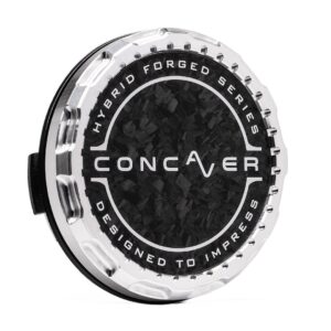 Circular chrome car wheel center cap with a carbon fiber pattern in the center and CONCAVER branding around the edge.
