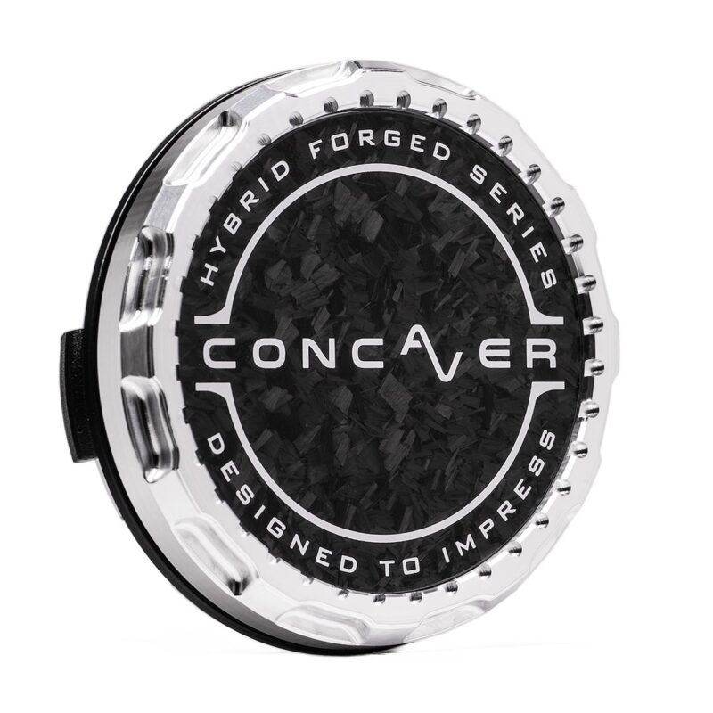 Circular chrome car wheel center cap with a carbon fiber pattern in the center and CONCAVER branding around the edge.