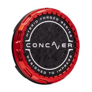 Red metallic wheel center cap featuring a black textured center with white circular text: 'Hybrid Forged Series' and 'Designed to Impress'.