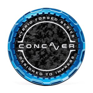 Circular logo badge with a blue outer rim and black textured center displaying the text 'CONCAVER' and 'Hybrid Forged Series Designed to Impress'.