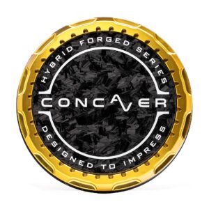 Circular logo badge with a textured black center and a metallic gold outer ring; features the word CONAVER in the middle and phrases 'HYBRID FORGED SERIES' (top) and 'DESIGNED TO IMPRESS' (bottom).