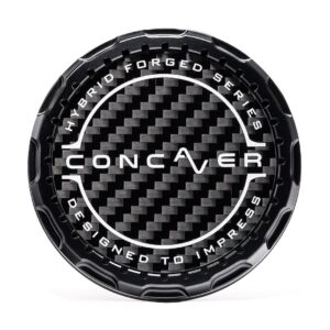 Round black wheel center cap with carbon-fiber pattern and the brand CONCAVER, featuring 'Hybrid Forged Series' text.