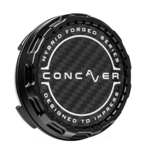Round black cap with carbon-fiber center and white ring text reading 'HYBRID FORGED SERIES' around top and 'DESIGNED TO IMPRESS' around bottom, with 'CONCAVER' centered.