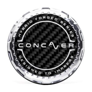 Round metal badge with a carbon-fiber center; 'CONCAVER' across the middle and 'HYBRID FORGED SERIES' around the edge.