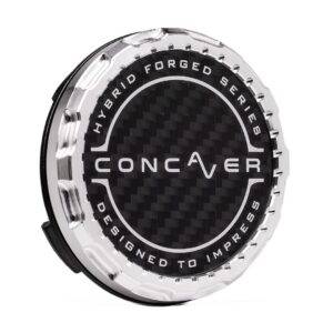 Round chrome cap with a carbon-fiber center, edge text reads 'Hybrid Forged Series' and 'Designed to Impress'.