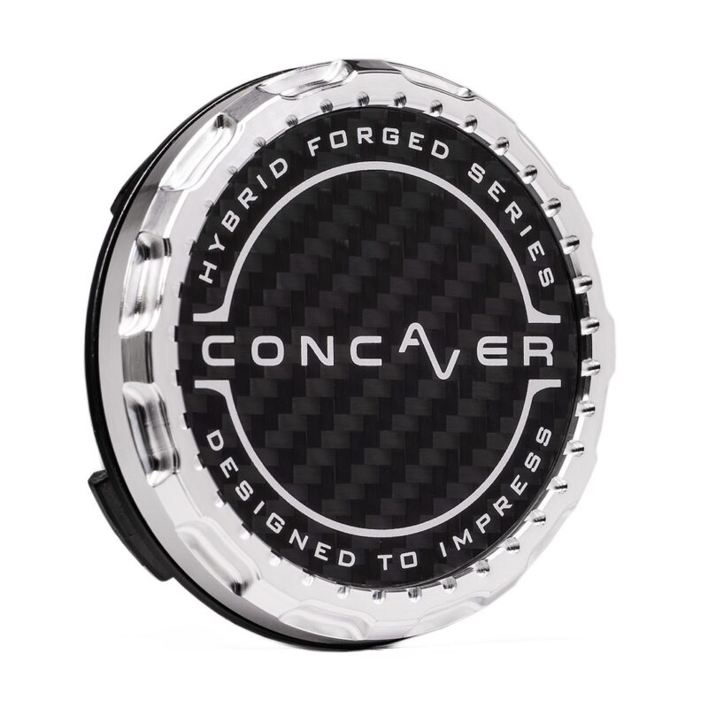 Round chrome cap with a carbon-fiber center, edge text reads 'Hybrid Forged Series' and 'Designed to Impress'.