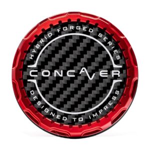 Round red and black carbon-fiber car wheel center cap featuring the 'CONCAVER' logo, with 'Hybrid Forged Series' and 'Designed to Impress' around the edge.