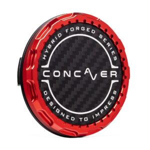 Red anodized fuel cap with carbon-fiber center, branded with 'CONCAVER' and the words 'Hybrid Forged Series' and 'Designed to Impress' around it.