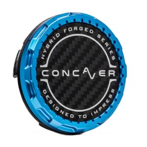 Blue circular metal cap with a carbon fiber center and the text 'Hybrid Forged Series' around the edge.