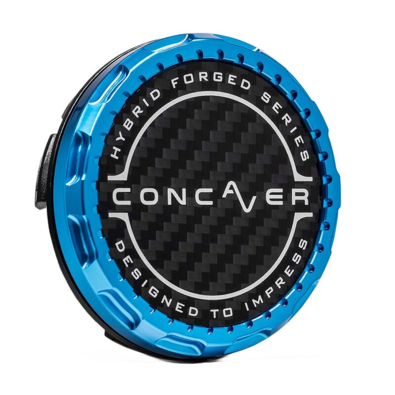 Blue circular metal cap with a carbon fiber center and the text 'Hybrid Forged Series' around the edge.