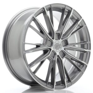 Shiny silver multi-spoke alloy car wheel with a polished center cap and curved spokes, viewed at an angle for a three-dimensional look