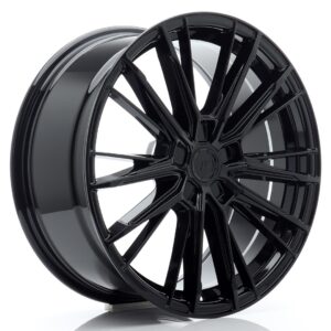 Black glossy multi-spoke alloy car wheel with a deep concave design and chrome inner lip