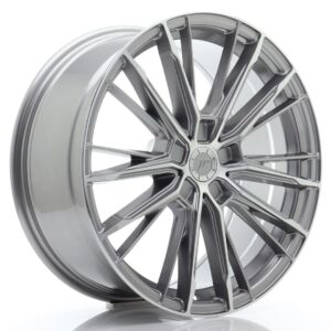 Shiny silver multi-spoke alloy car wheel showing intricate spoke pattern and center hub cap