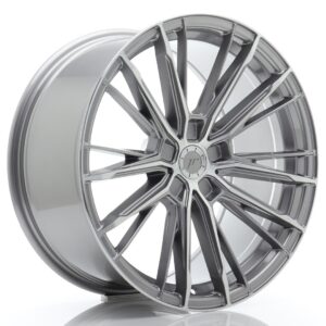 Polished silver alloy car wheel with a complex multi-spoke design and machined finish