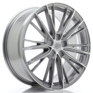 Silver multi-spoke alloy car wheel rim with a central cap, shown at an angled view.