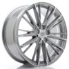 Silver alloy car wheel rim with a complex multi-spoke design and central hub, photographed against a white background.