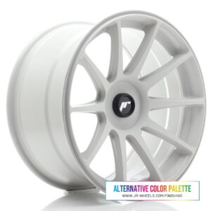White multi‑spoke alloy car wheel with a black center cap, shown at an angled view.