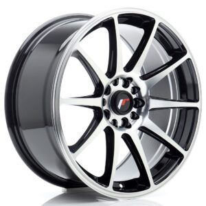 Shiny black and silver alloy car wheel with multiple spokes and a central hub cap.