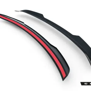 Abstract black car trim pieces with a red stripe on a white background; Maxton Design branding in the lower right corner.