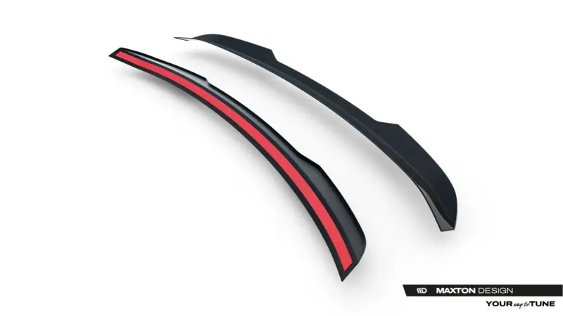 Abstract black car trim pieces with a red stripe on a white background; Maxton Design branding in the lower right corner.