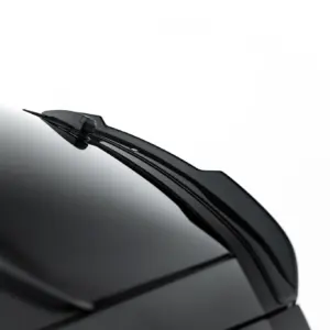 Close-up of a car windshield wiper blade resting on a glossy black hood against a white background.