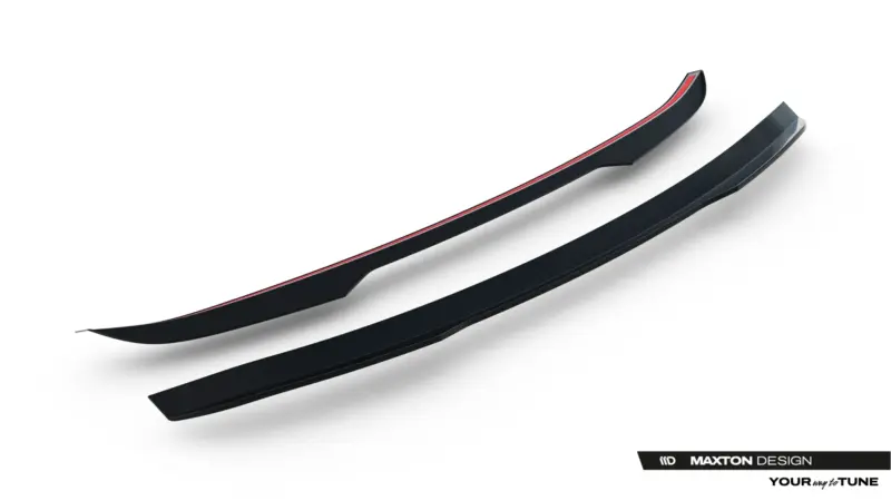 Pair of sleek black curved car side skirts with a red accent stripe, displayed diagonally on a white background; Maxton Design branding visible in the corner.