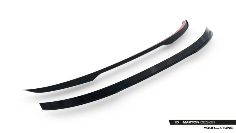 Two black curved car spoiler blades diagonally placed on a white background, with Maxton Design branding bottom right.
