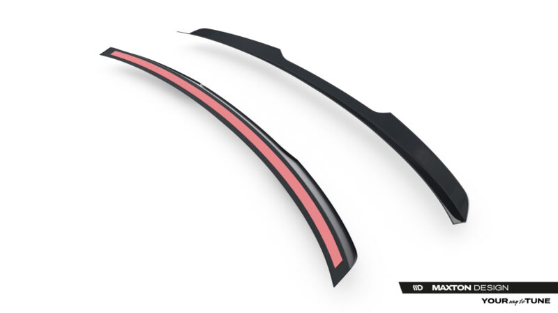 Two curved black automotive trim pieces with a pink central stripe, shown diagonally on a white background, likely side skirts or aero accents