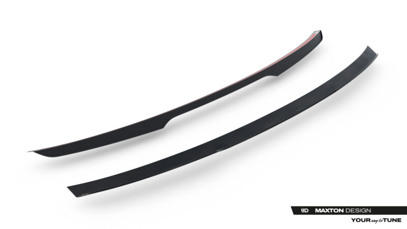 Two curved black car side skirts with a red edge stripe, displayed diagonally on a white background; Maxton Design branding visible.