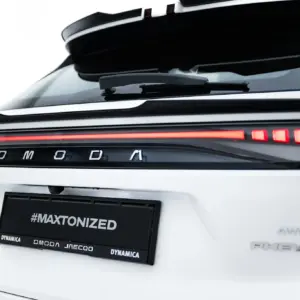 Rear of a white SUV with an elevated roof box and red horizontal taillights; license plate area shows #MAXTONIZED (advertising tag).