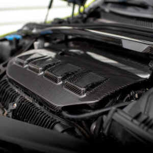 Close-up of a car engine bay showcasing carbon fiber panels and nearby wiring/hoses under the hood.