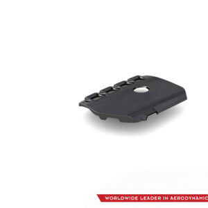 Black plastic automotive cover with five raised tabs and a central circular hole, shown on a white background.