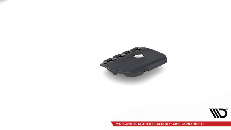 Black plastic automotive cover with five raised tabs and a central circular hole, shown on a white background.