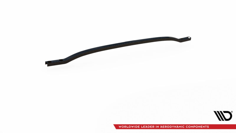 Curved carbon fiber strip with a mounting hole on one end against a white background.